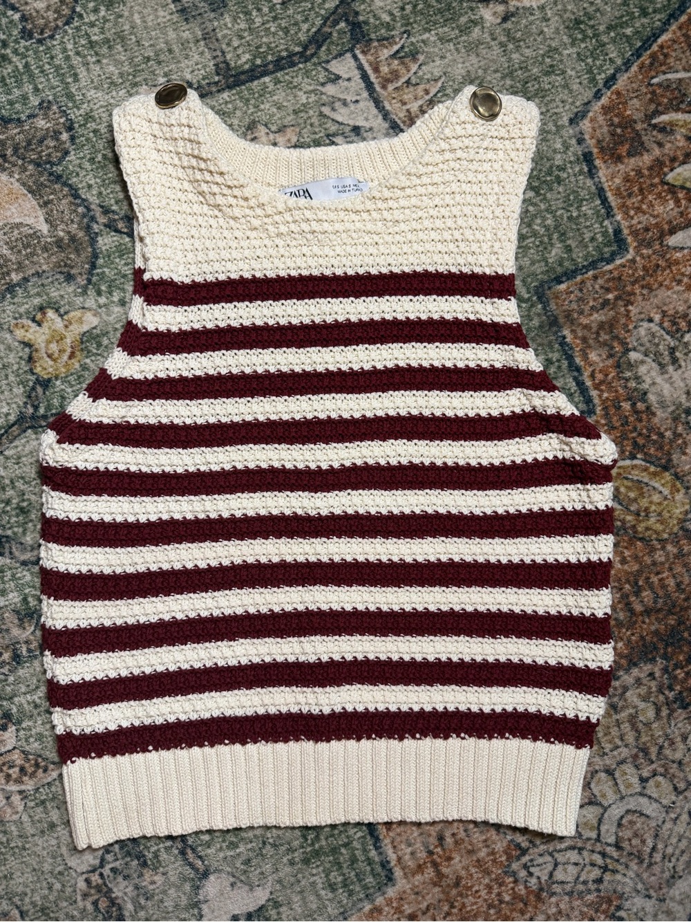 Zara Cream and Burgundy Striped Knit Vest with Button-Shoulder Detail